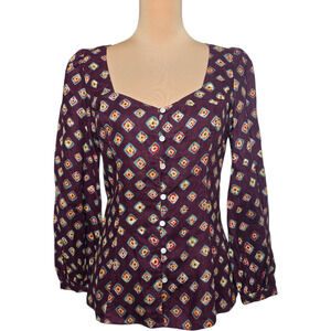 Polo‎ Ralph Lauren Block Print Linen Button Front Top Size 8 NWT